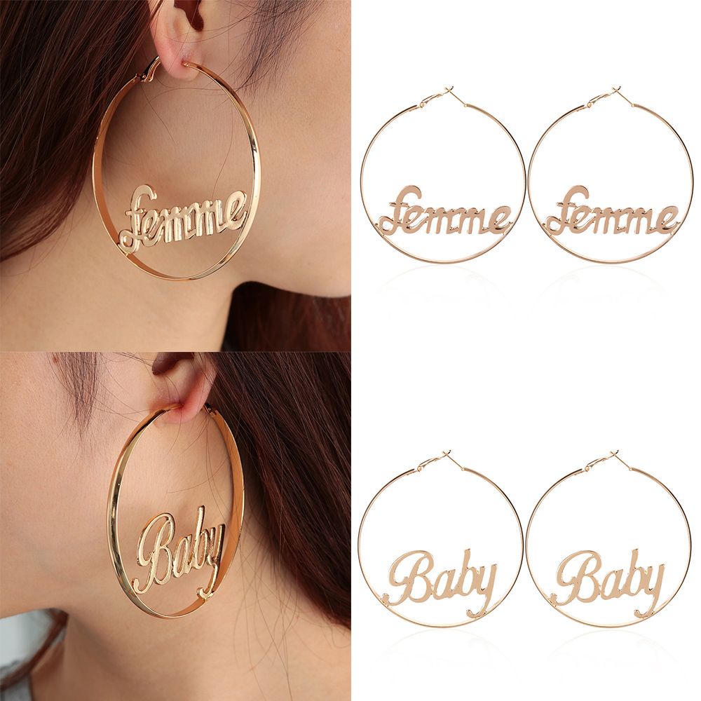 ROW Punk Round Hoop Earrings Gift Hyperbole Femme Baby Letter Gold Hip-hop Jewelry Party Fashion Women Dangle Large Circle