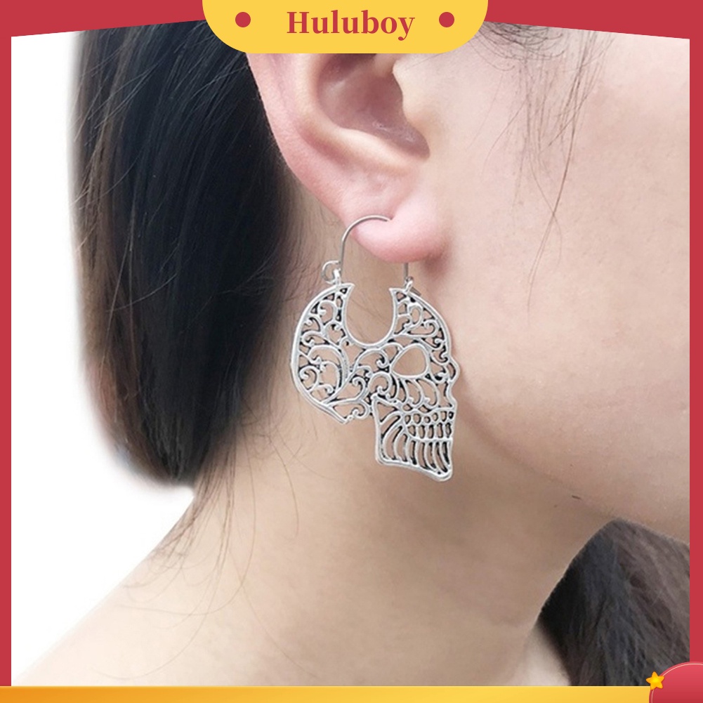 Hu Hu Hu Hu Hu Alat Bantu Pasang Kacamata♡ Anting Kait Gantung Desain Ukiran Tengkorak Hollow Tema Halloween Untuk Wanita