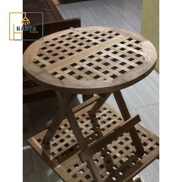 Meja Bundar Kayu Jati Lipat Kopi Motif Lubang