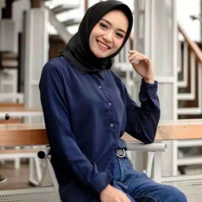 KEMEJA WANITA CASUAL POLOS BASIC AUDREY BASIC SHIRT KEMEJA LENGAN BALON POLOS, KEMEJA TANGAN BALON-Kmj. Basic navy