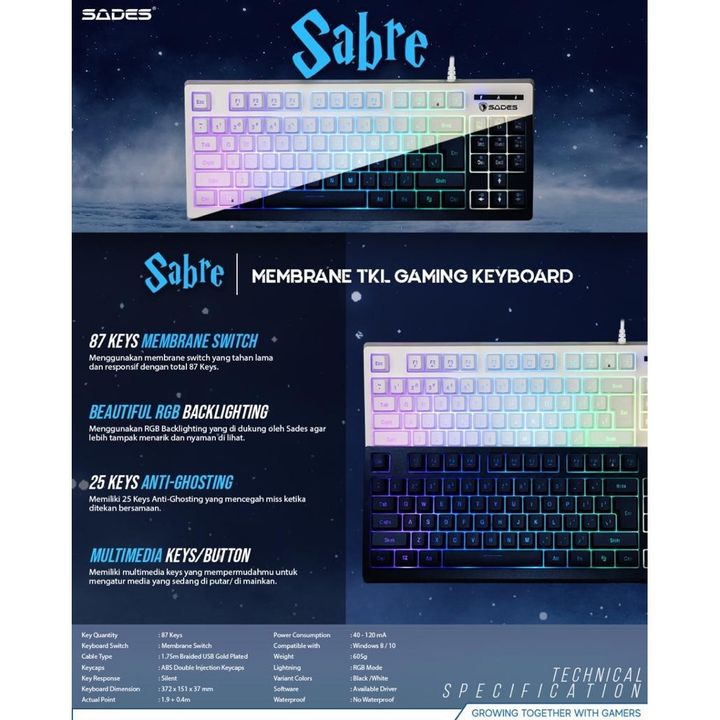 Keyboard gaming sades wired braided usb membrane rgb tkl 87 keys sabre white-black