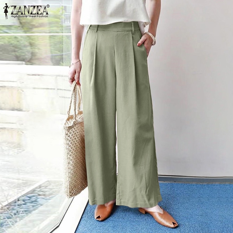 ZANZEA Women Fashion Solid Color Casual High Waist Wide Leg Long Pants