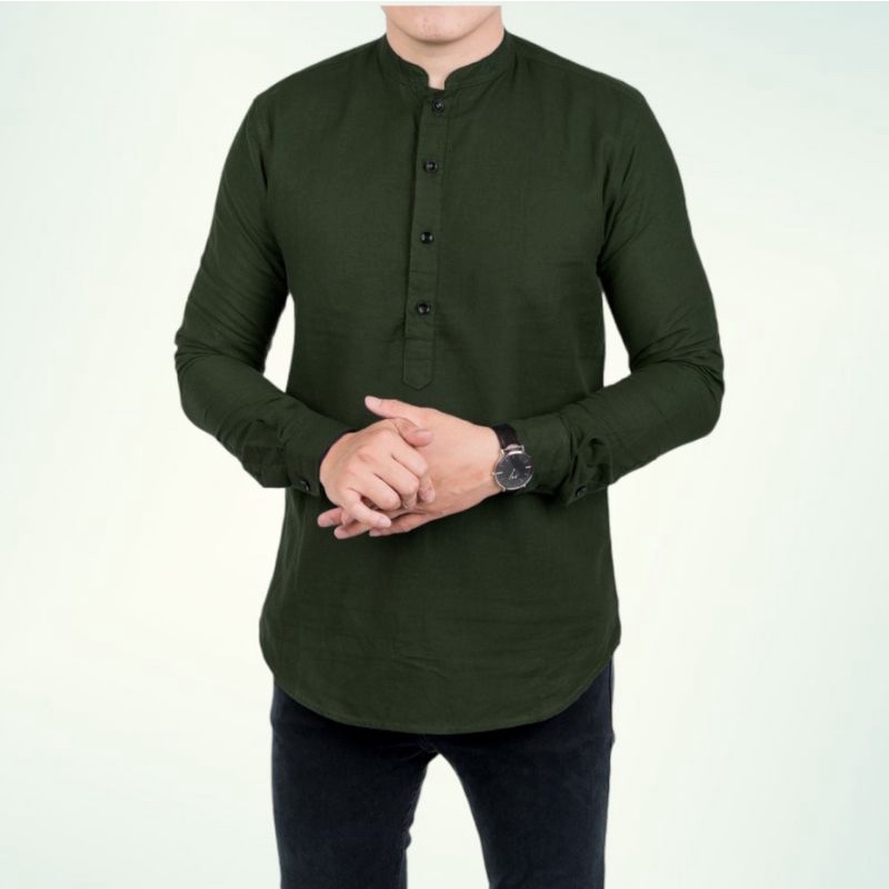 Baju Koko Kurta Polos Pria Dewasa Lengan Panjang Material Katun TOYOBO RM Size M L XL Varian Maroon-Army