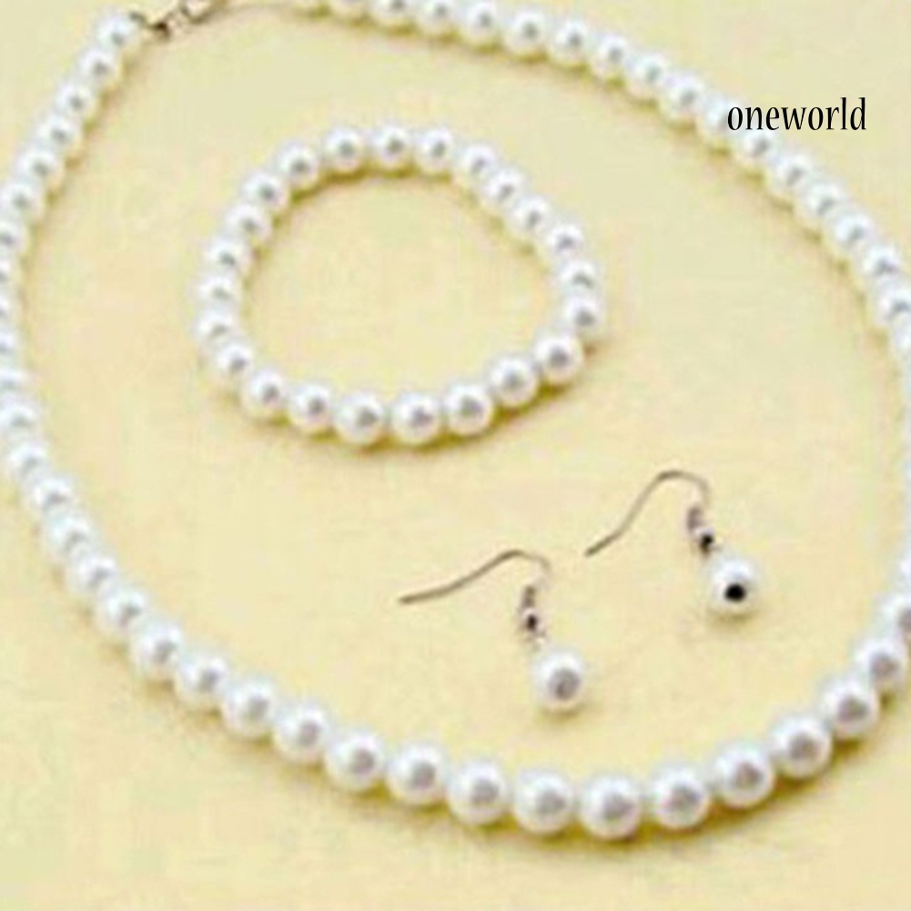 OW@ Elegant Women Faux Pearl Beads Necklace Bracelet Hook Earrings Party Jewelry Set