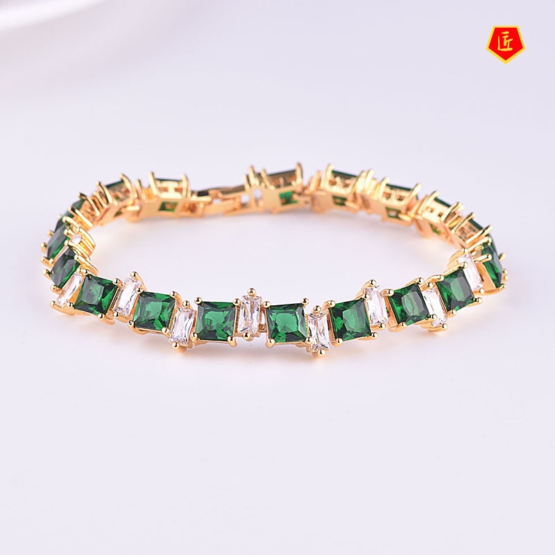 [Ready Stock]New Inlaid Colored Gem Square Diamond Bracelet 18K Gold