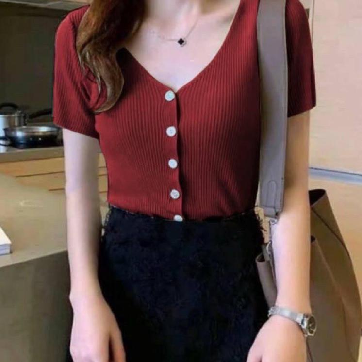 Recomended.. baju rajut v neck cewek lengan pendek Naomi
