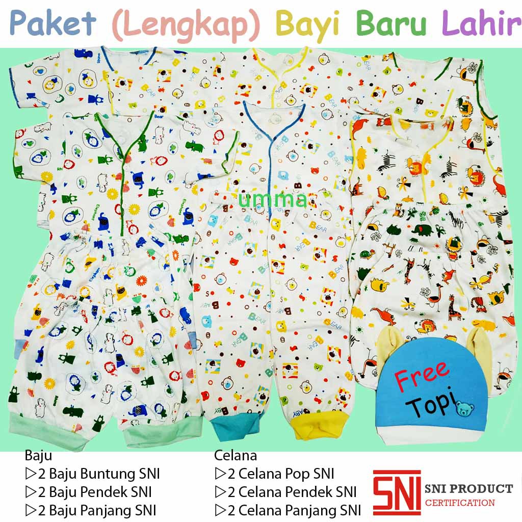 1 Lusin Paket Newborn SNI Premium Perlengkapan Baju Bayi Baru Lahir Baju Celana Bedong Popok Gurita Topi Gift Set Kado Hadiah Setelan Anak Lengkap-Paket 5 SNI 12pcs