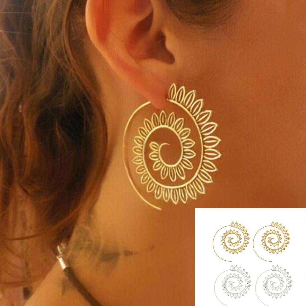 Lily 1pasang Anting Hoop Juntai Vintage Lapis Emas/Perak Gaya Boho Tribal Spiral