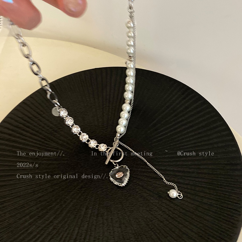 Kalung Rantai Choker Liontin Hati Hias Mutiara Kristal Warna Silver Untuk Wanita