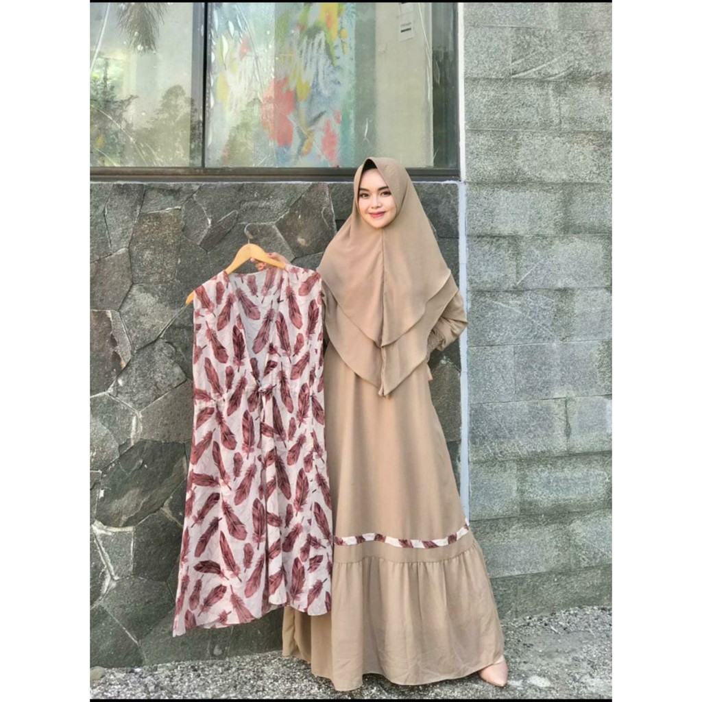 Gamis ceruty babydoll INARA set khimar motif printing outer bisa dilepas busana wanita muslim style terkini terbaru