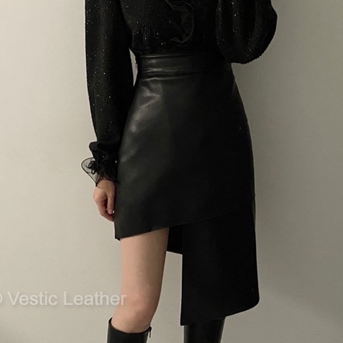 Rok Kulit Semi Kulit Rok Kulit Sintetis Midi Panjang Selutut Asimetris Panjang Kiri Wrap Bodycon Mod