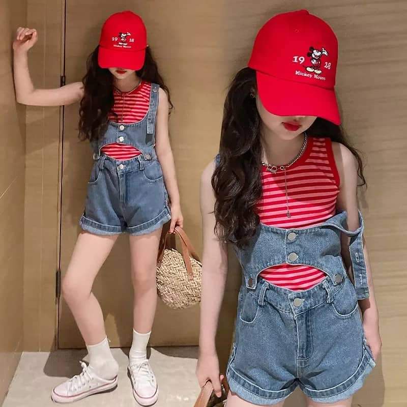 Setelan Anak Perempuan Super Fashionable Jeans Stripe Red