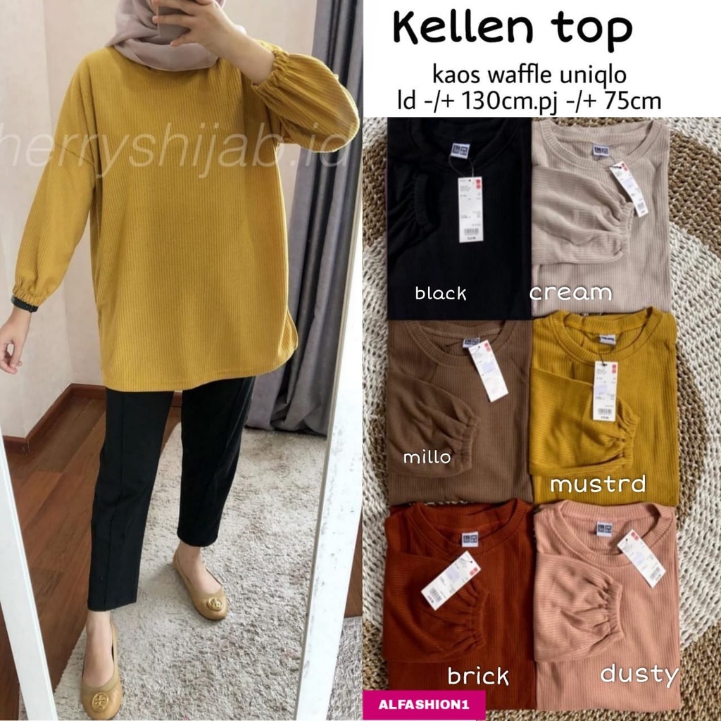 Blouse Atasan Kaos Jumbo Wanita Ld 130 Fit To XXXL Bhn Waffle Uniqlo Tebal Lengan Panjang Kekinan Te
