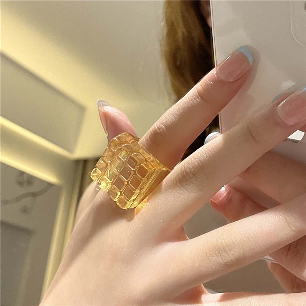 Needway  Cute Resin Ring Trendy Acrylic Transparent Finger Rings Korean Personality Funny Square Girls Lattice Fashion Jewelry/Multicolor