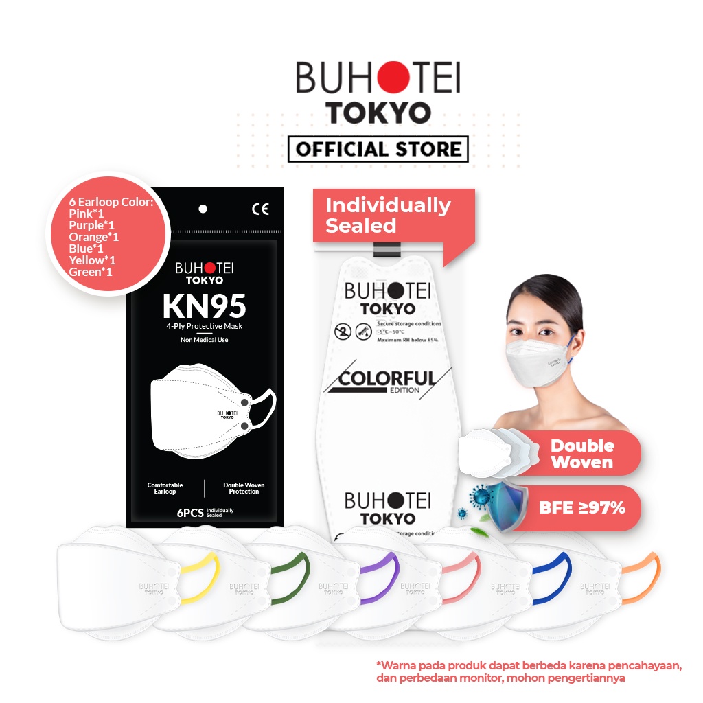 BUHOTEI Disposable Masker wajah EVO Earloop Face Mask Kesehatan masker medis-BH-White Colorful 6p