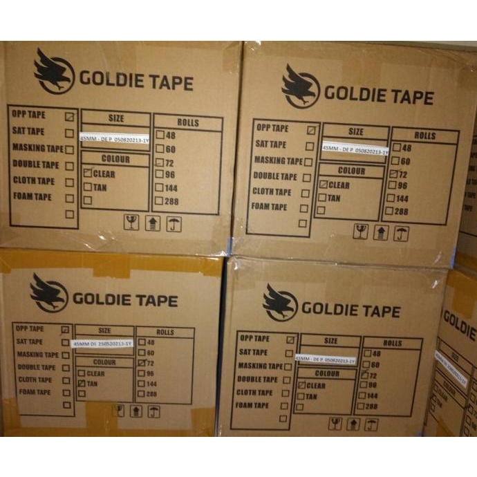 

KARTON Lakban GOLDIE hampir 2 inch 45 mm x 72 yard BENING/COKLAT CUCI GUDANG
