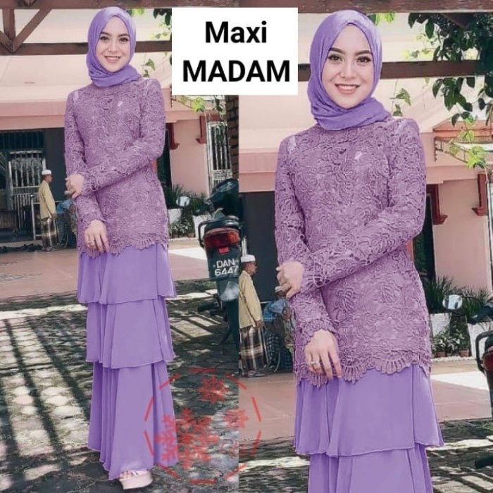 NEW - Maxi Dress Wanita Brukat Furing Gamis Pesta Muslim Seragam Maxy Jumbo - Lilac, L