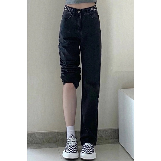 Import Bergaya Hitam Highwaist Loose Kulot Jeans Wanita