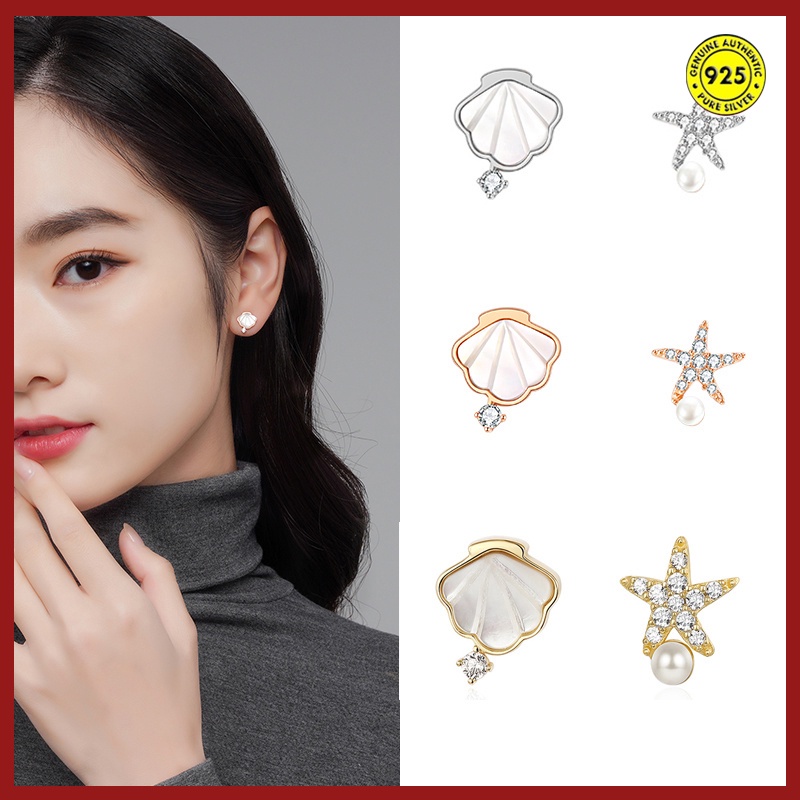 Anting Tusuk Sterling Silver 925 Desain Bintang Laut Hias Mutiara Untuk Wanita