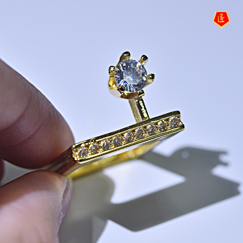 [Ready Stock]Creative Geometric Inlaid Diamond Gold Ring