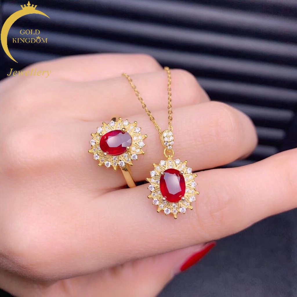 Goldkingdom Perhiasan Fashion Emas Asli Kadar 375 Bangkok Aksesoris Ready Stock Darah Burung Merpati Merah Cincin Liontin Set Wanita Api Berkilau Seiko Bertatahkan Adjustable Ring