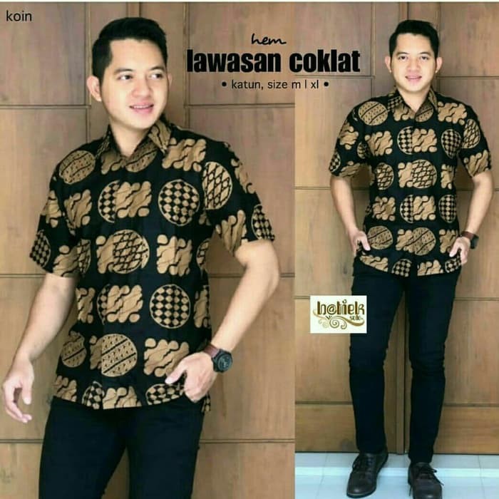 KEMEJA BATIK PRIA LENGAN PENDEK BATIK LAWASAN COKLAT KOIN BAJU ATASAN
