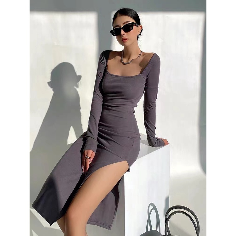 Korean Sexy Bodycon Square Neck Midi Dress Wanita Lengan Panjang 1444 (S-XL)