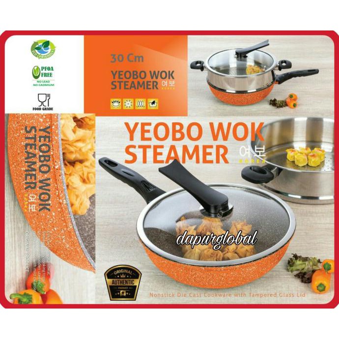 Panci Wok Pan New YEOBO Korea Granite Orange 30cm + Steamer Stainless