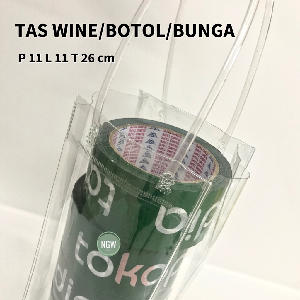 Tas wine Botol bouquet Bunga 11x11x26 PVC mika tebal import handle plastik