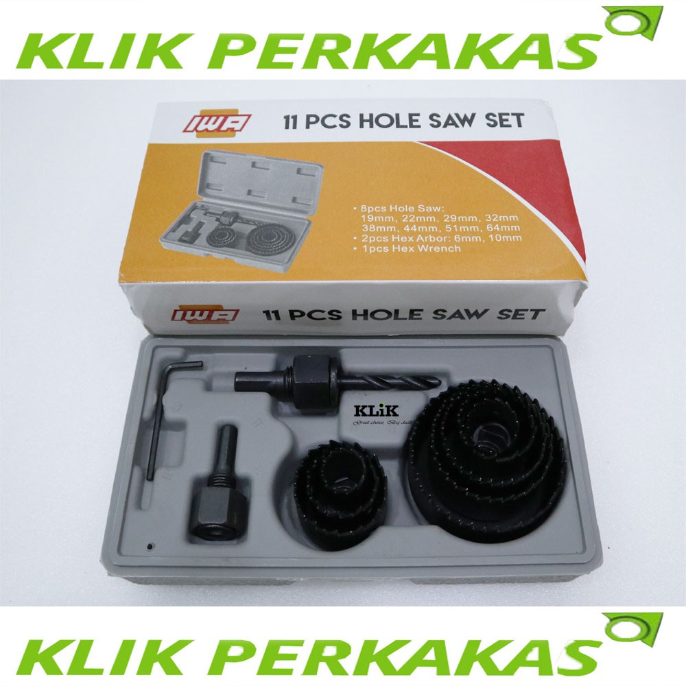 Holesaw Hole Saw Kit Set 11pcs Mata Bor Kayu 19mm - 64mm IWA