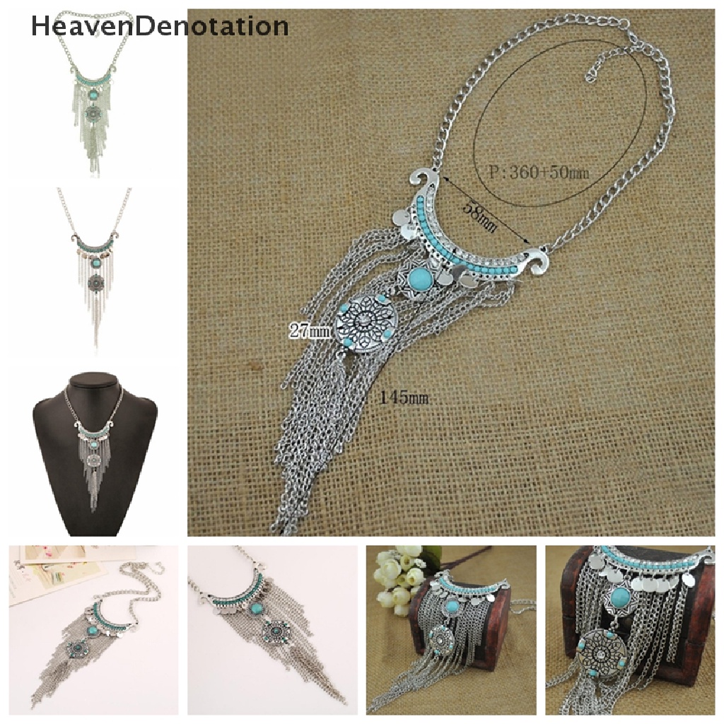 Kalung Rantai Panjang Liontin Rumbai Turquoise Gaya Retro Bohemian Gipsi