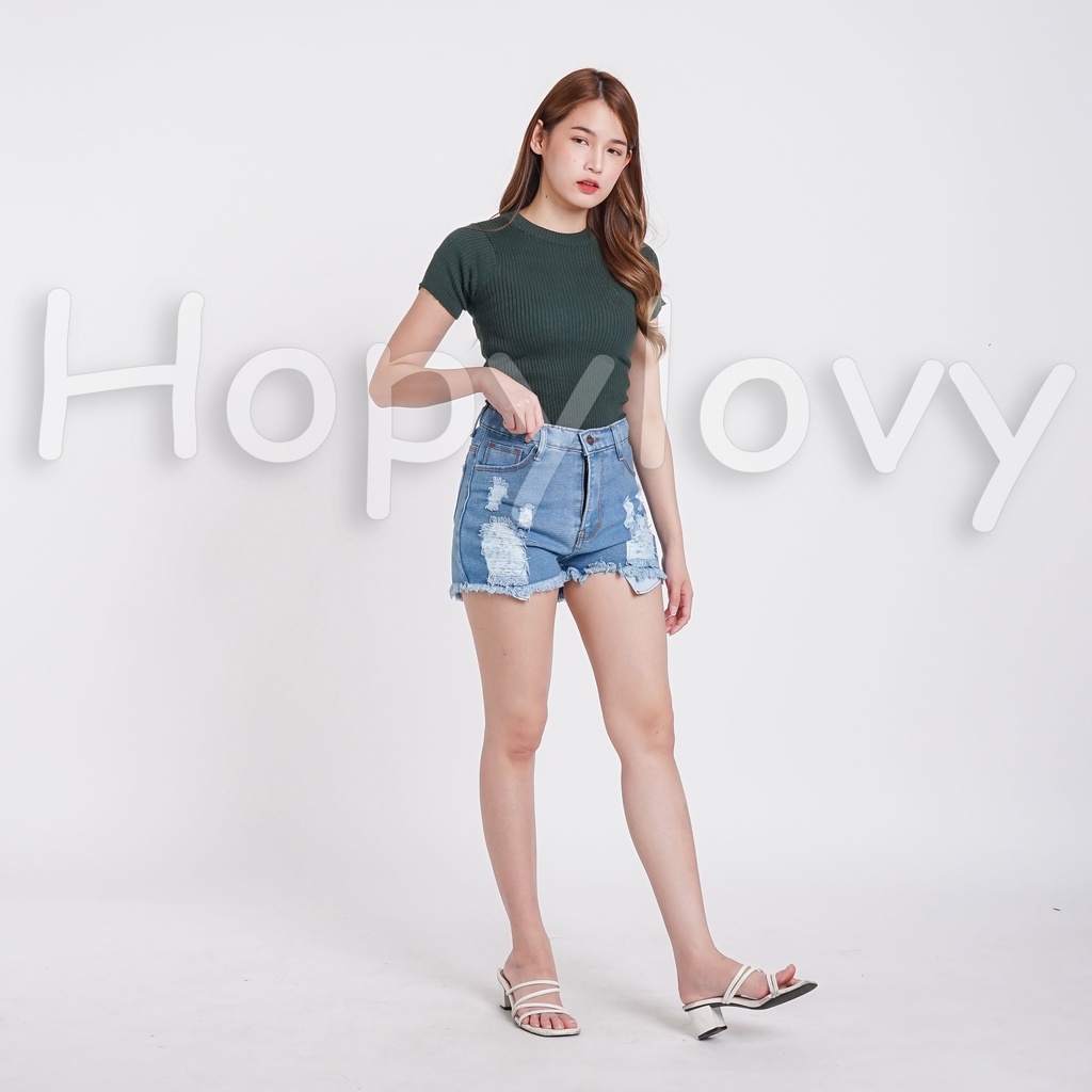 HOPYLOVY Celana Pendek Jeans Wanita Sobek Hotpants Jeans Ripped Angelina