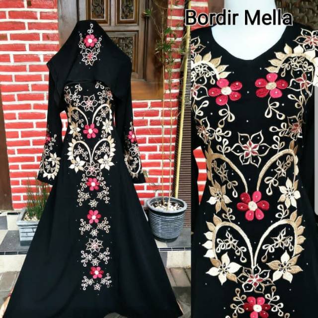 Abaya Bordir Mella Bahan Saudi Jetblack Syar'i / Abaya Hitam Arabian Style INDO ABAYA