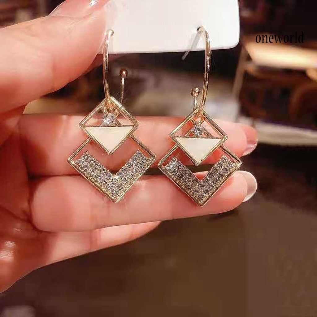 OW# 1 Pair Earring Exquisite Elegant Trendy Rhinestone Square Ear Drop for Decoration