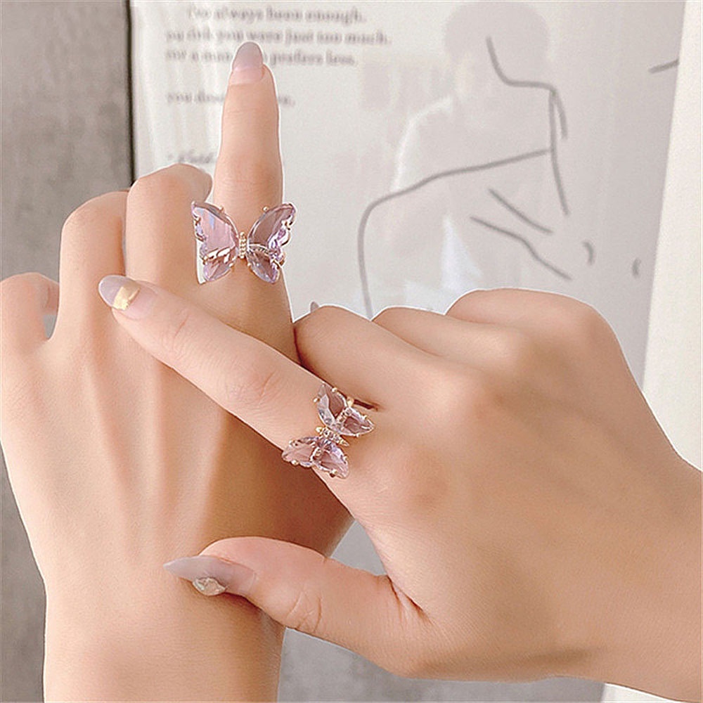 MXBEAUTY Shiny Butterfly Finger Ring Elegant Jewelry Open Ring Women Simple Style Transparent Colorful Fashion Acrylic Gift For Women/Multicolor