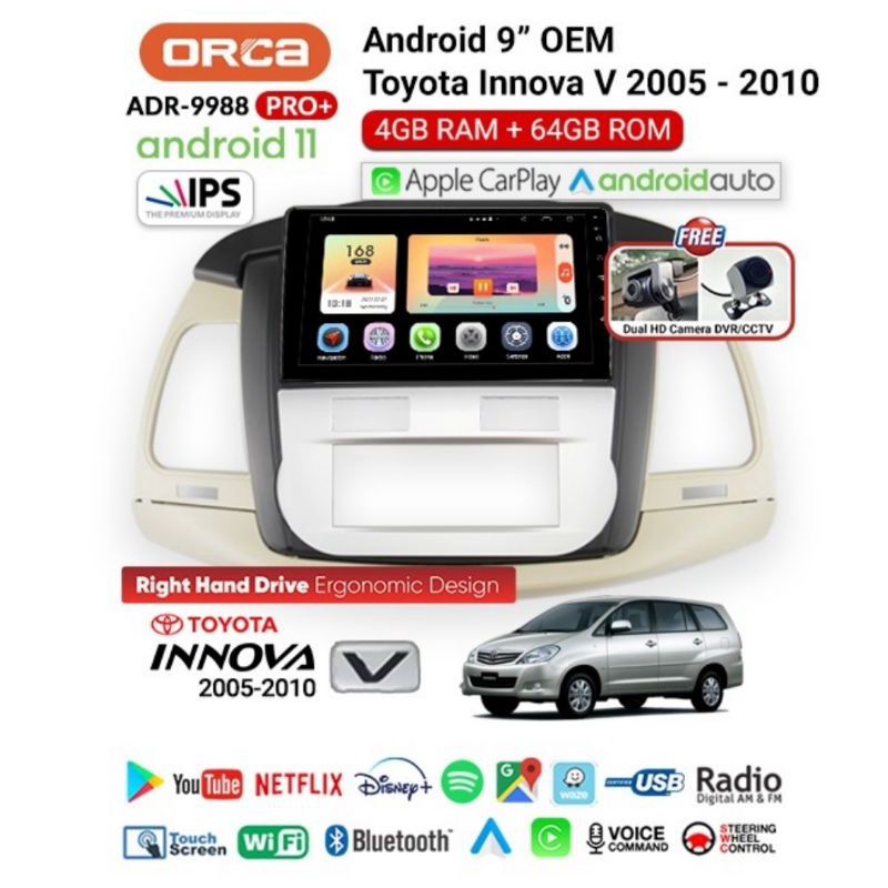 Head Unit Android ORCA ADR 9988 PRO+ CARPLAY TOYOTA INNOVA Type V 2005 - 2010