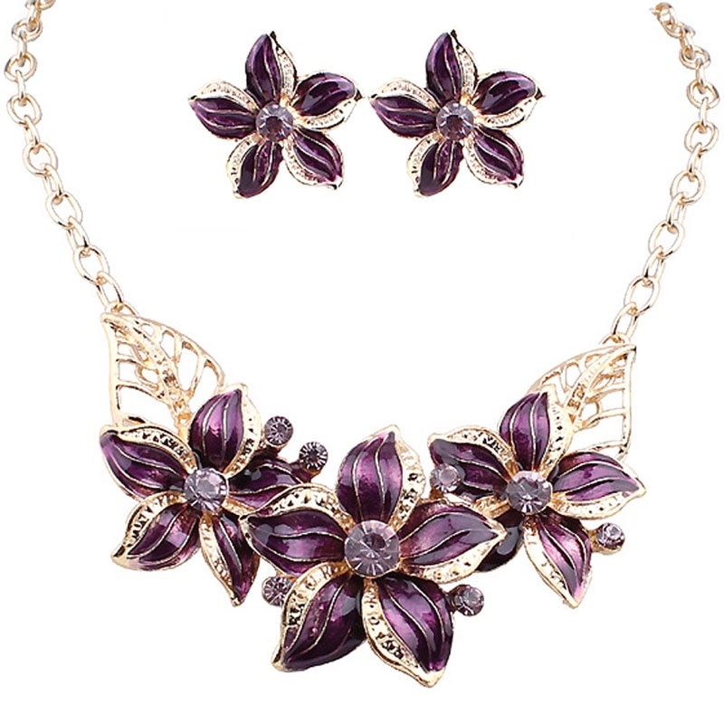 SIY  Fashion Women Gold Plated Crystal Flower Statement Necklace Earrings Jewelry Set