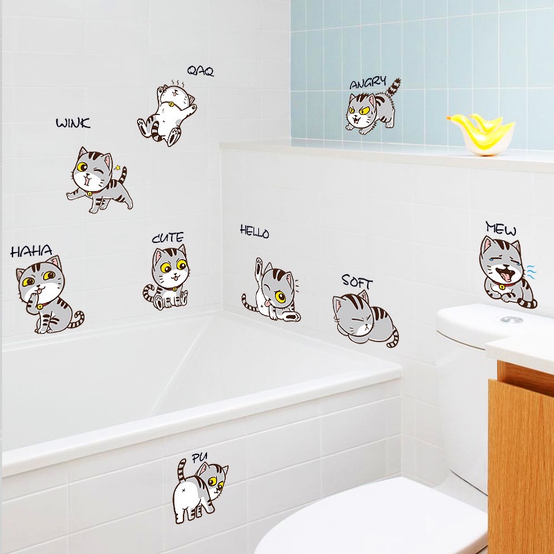 Stiker Dinding Bahan PVC Tahan Air Gambar Kartun Kucing Ukuran 60x30cm Untuk Dekorasi Kamar Anak