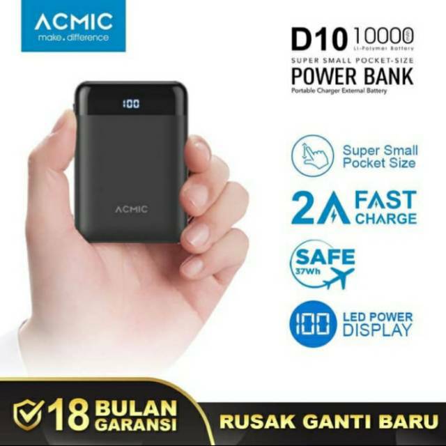 ACMIC D10 Mini Powerbank With Digital Display 2A Fast Charge 10.000mAh