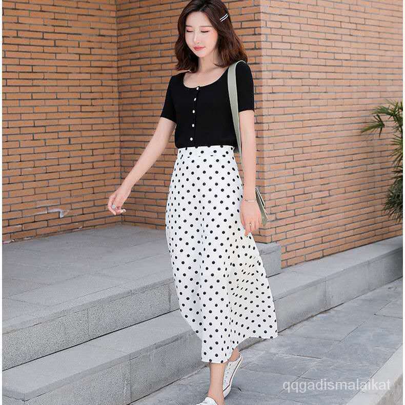 Rok polka dot pinggang tinggi wanita Korea sifon rok A-line rok panjang