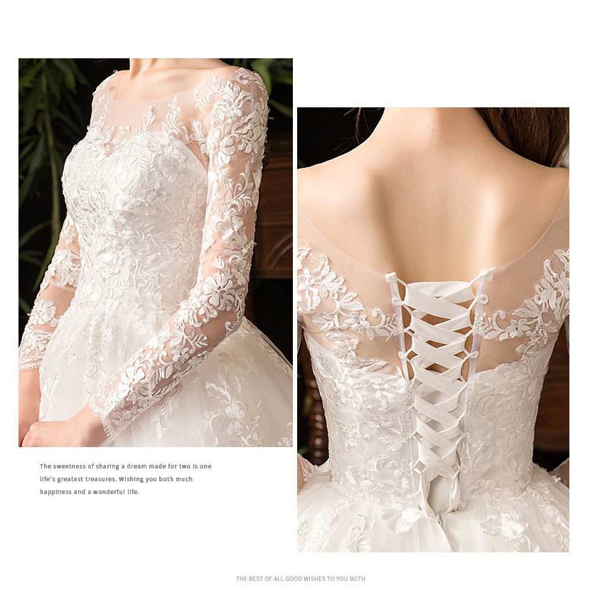 Putih Gaun Pengantin Muslim Lengan Panjang Renda White Lace Long Sleeve Maxi Ball Wedding Dress