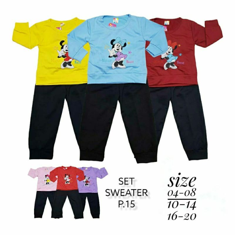 SETELAN SWEATER ANAK PEREMPUAN UMUR 2-6 TAHUN MOTIF MINNIE MOUSE