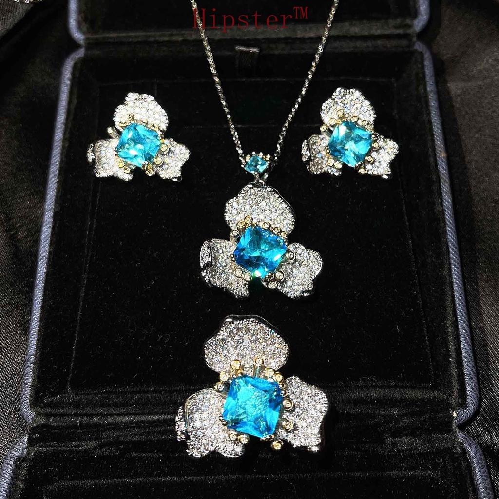 High-End Flower Dignified Generous Style Fashion Sapphire Ring High-Grade Necklace Set