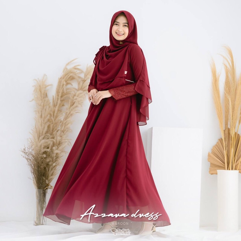 GlizHijab | Azzarah Dress - Dress Only Premium Bahan Cerutti Babydoll Gaun Muslimah Dress Umroh Syari Size XS - JUMBO-MAROON
