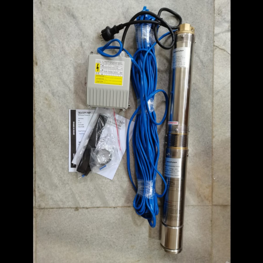 MAXPUMP 3SDM2.5/7+30m Kable biru Pompa satelit 0.33hp 250watt Casing stainles Submersible Water Pump Kabel Biru 30m