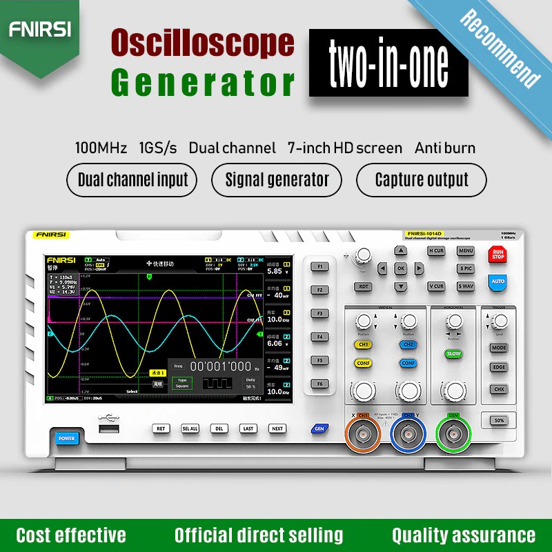 FNIRSI Digital Oscilloscope 2 in 1 Dual Channel Input Signal Generator 100MHz 1GSa/s - 1014D - White