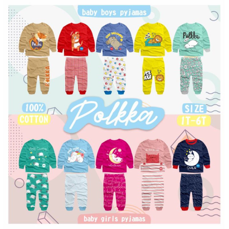 Baju Tidur Setelan Lengan Panjang Untuk Anak Laki-Laki dan Perempuan Brand Polkka usia 1 tahun hingga 6 tahun