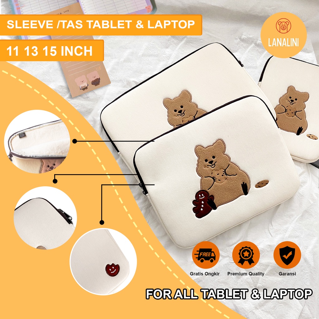 Sleeve Pouch Sarung Tas Bag Case Ipad Tab Tablet Macbook Air Pro Laptop Asus Acer Lenovo HP Huawei 11 12 13 14 15 inch Motif Gambar Beruang Kue Bear Cookies Warna Putih Lucu Cute Murah Korean Model