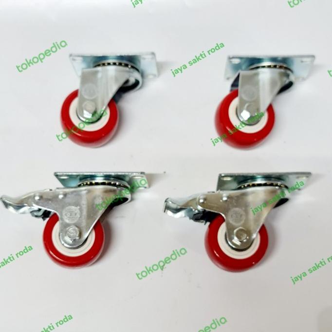 Roda kecil 1,5 inch tinggi 6 cm pu merah taiwan (2putar+rem 2putar)