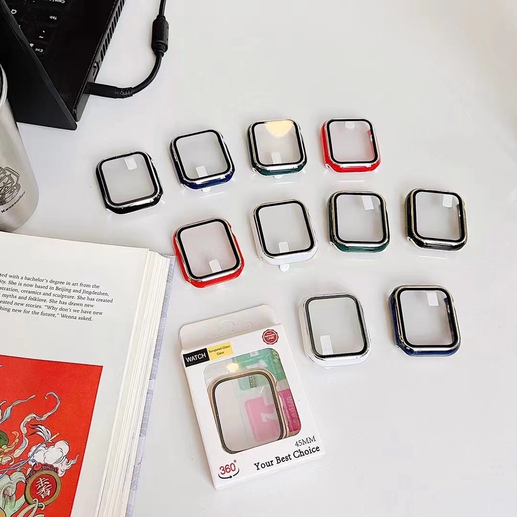 LIST CHROME GLASS COVER APPLE WATCH - SERIES 8 1 2 3 4 5 6 7 SE | SIZE 38mm 40mm 41mm 42mm 44mm 45mm | tempered glass pelindung layar case iwatch